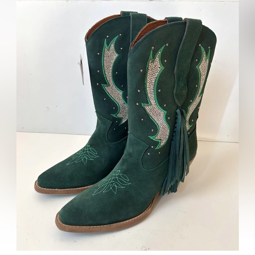 Buck & Brana Western Green Suede Fringe Rhinestone Studs Leather Boots NIB Sz 7